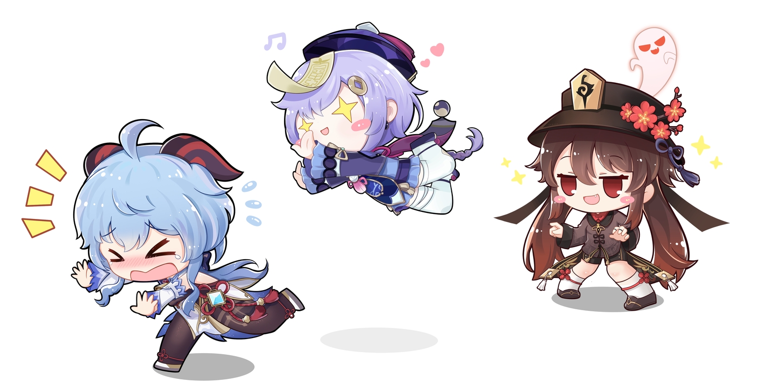 aqua_hair, blush, brown_hair, chibi, flowers, ganyu_(genshin_impact), genshin_impact, hat, horns, hu_tao_(genshin_impact), long_hair, purple_hair, qiqi_(genshin_impact), red_eyes, ribbons, short_hair, st_black_coffee, stockings, tears, twintails