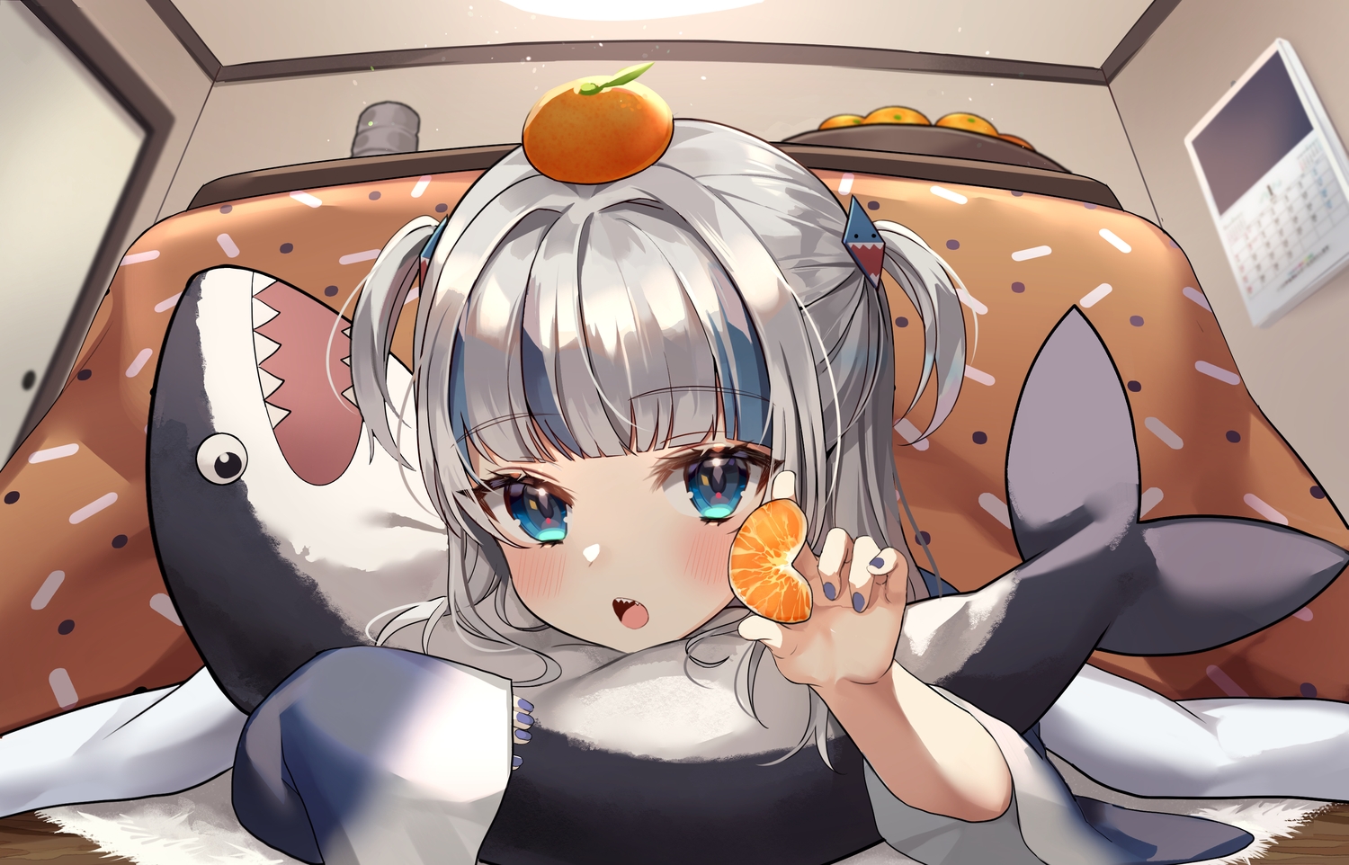 aqua_eyes, blush, churi_(oxxchurixxo), close, food, fruit, gawr_gura, gray_hair