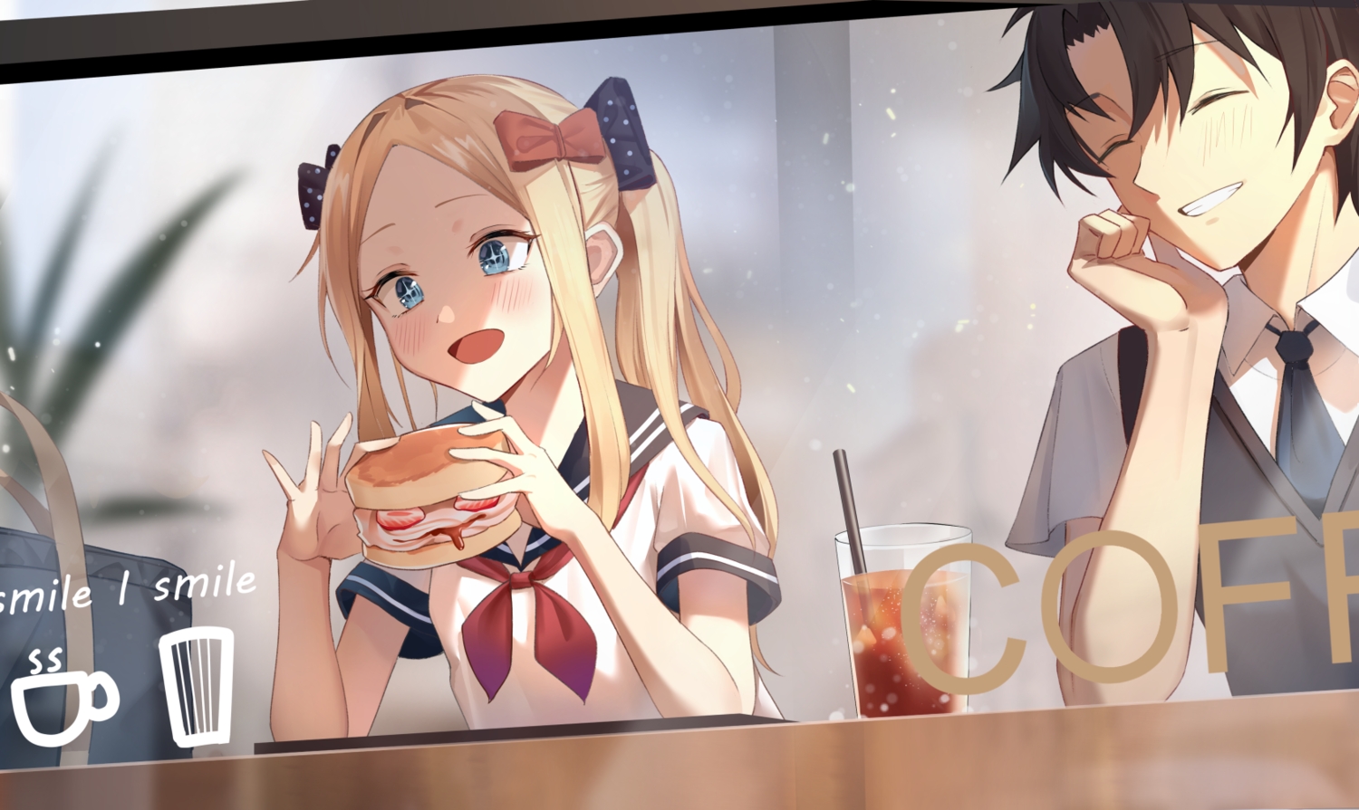 abigail_williams_(fate/grand_order), black_hair, blonde_hair, blue_eyes, blush, bow, drink, fate/grand_order, fate_(series), food, fujimaru_ritsuka_(male), long_hair, male, short_hair, twintails, yukiyama_momo