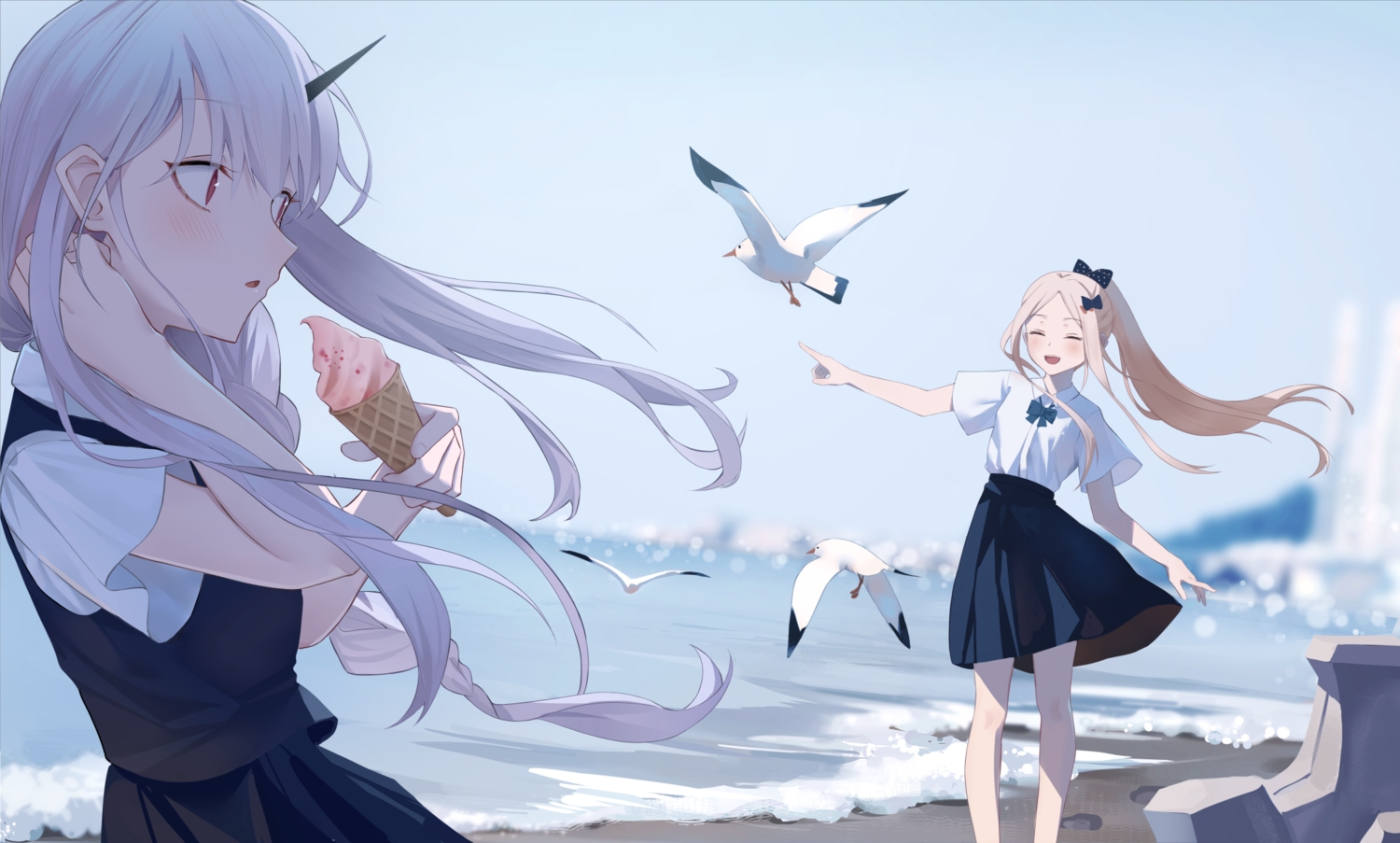 2girls, abigail_williams_(fate/grand_order), animal, beach, bird, blonde_hair, blush, bow