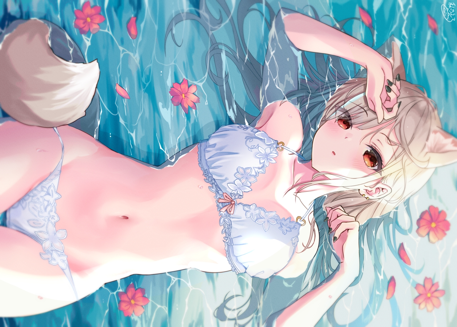 akino_ell, animal_ears, bra, flowers, original, panties, tail, underwear, water