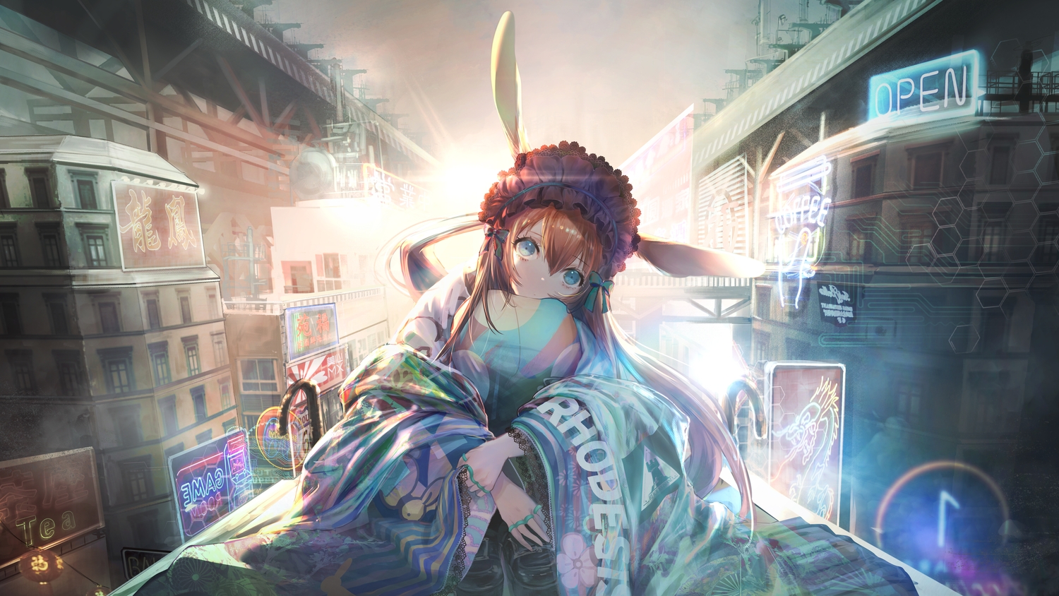 amiya_(arknights), animal_ears, arknights, brown_hair, building, bunny_ears, bunnygirl, city, hirose_(10011), japanese_clothes, kimono, long_hair, scenic