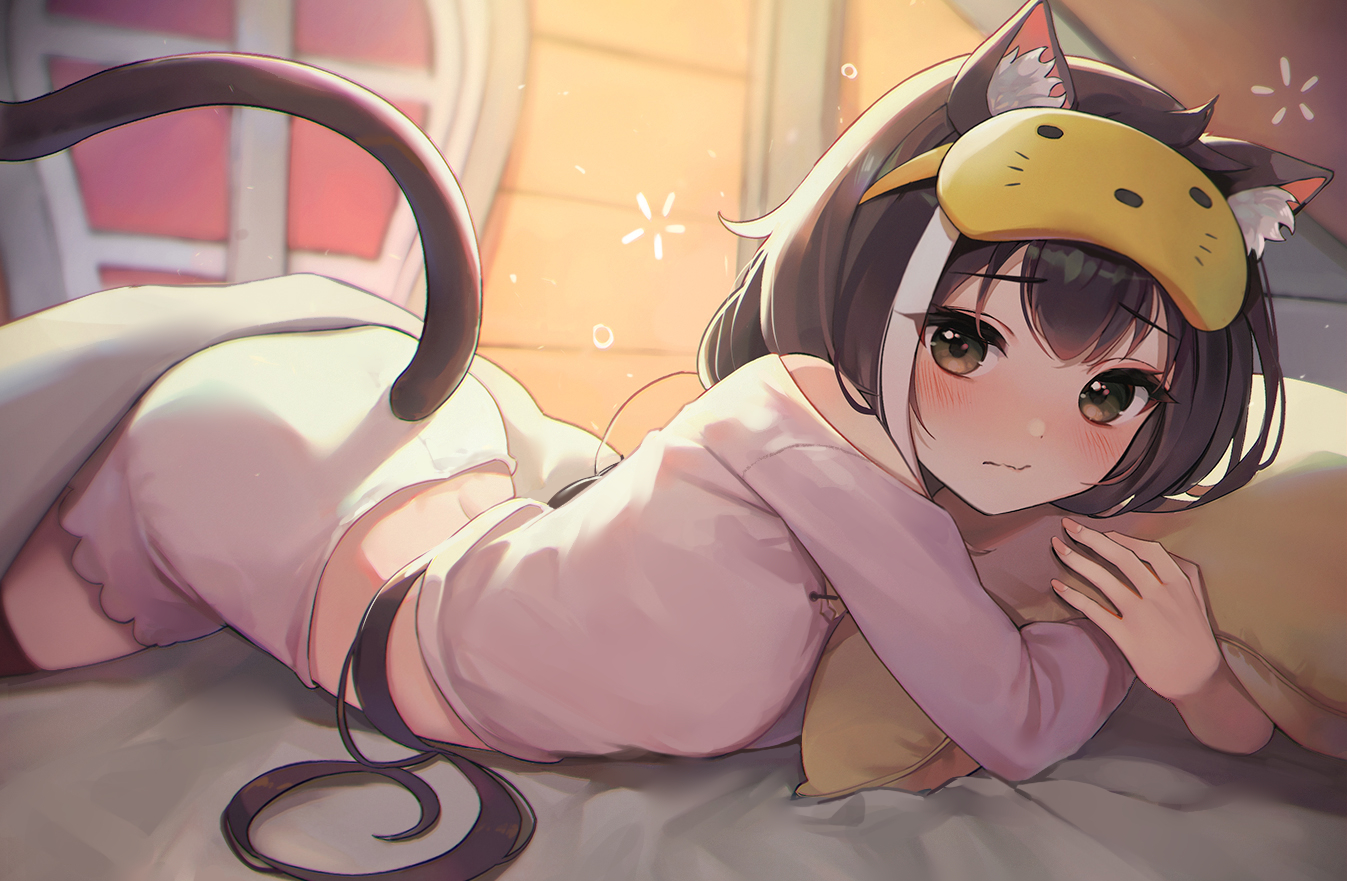 animal_ears, bed, catgirl, karyl, lunia, mask, pajamas, princess_connect!, tail