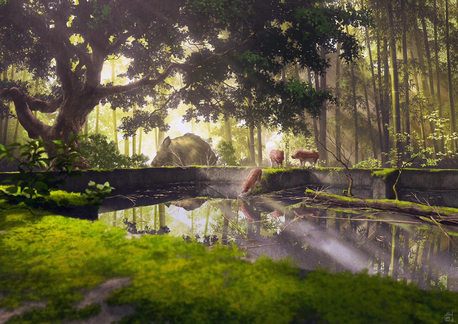 animal, forest, green, mocha_(cotton), no_humans, original, reflection, ruins