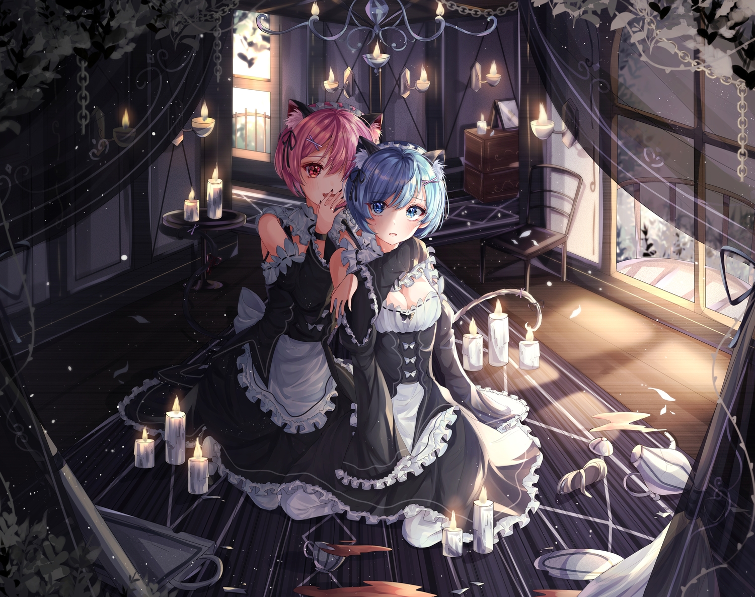 2girls, animal_ears, aqua_eyes, blue_eyes, blue_hair, blush, catgirl, headband, maid, purple_hair, ram_(re:zero), rem_(re:zero), re:zero_kara_hajimeru_isekai_seikatsu, short_hair, tail, twins, wine_(2148_wine)