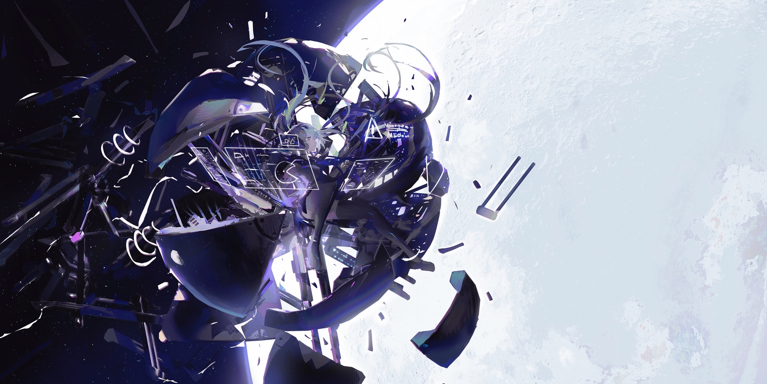 choker, doveop, green_hair, hatsune_miku, long_hair, moon, polychromatic, space, stars, twintails, vocaloid
