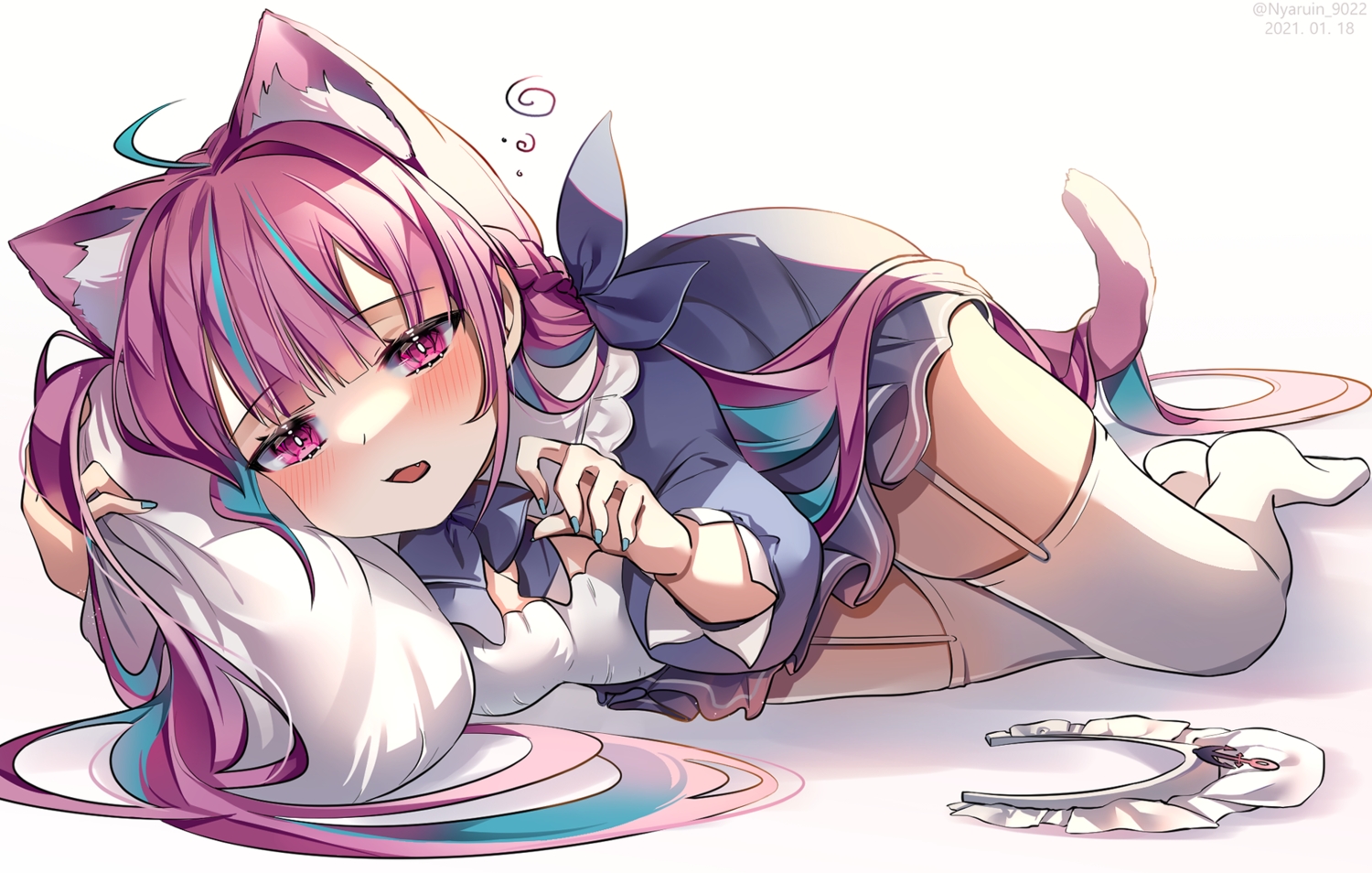 animal_ears, blush, catgirl, cat_smile, fang, garter_belt, hololive, long_hair