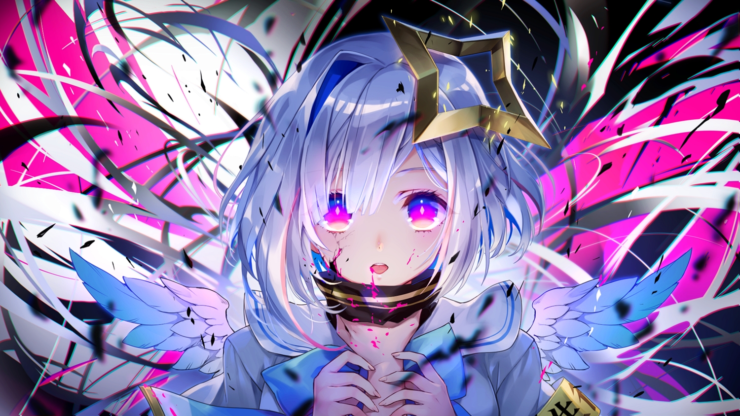 amane_kanata, angel, close, halo, hololive, purple_eyes, ria, school_uniform, short_hair, white_hair, wings