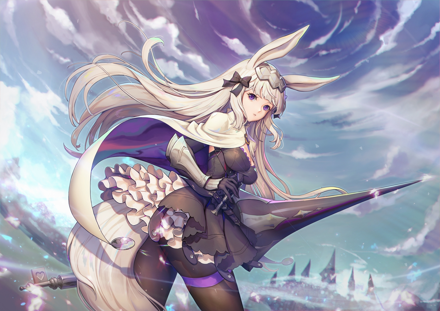 animal_ears, bunny_ears, bunnygirl, clouds, dress, long_hair, pantyhose, purple_eyes