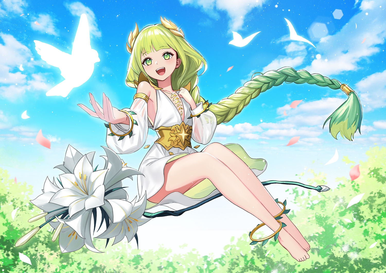 afk_arena, animal, barefoot, bird, blush, braids, clouds, dress, flora_(afk_arena), flowers, green_eyes, green_hair, long_hair, ponytail, power_(lu_power), sky