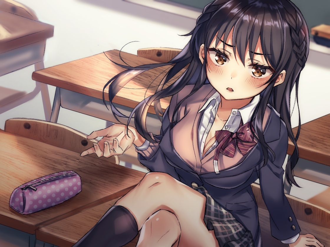 black_hair, braids, breasts, brown_eyes, cleavage, kneehighs, long_hair, natsuki_iori, original, school_uniform
