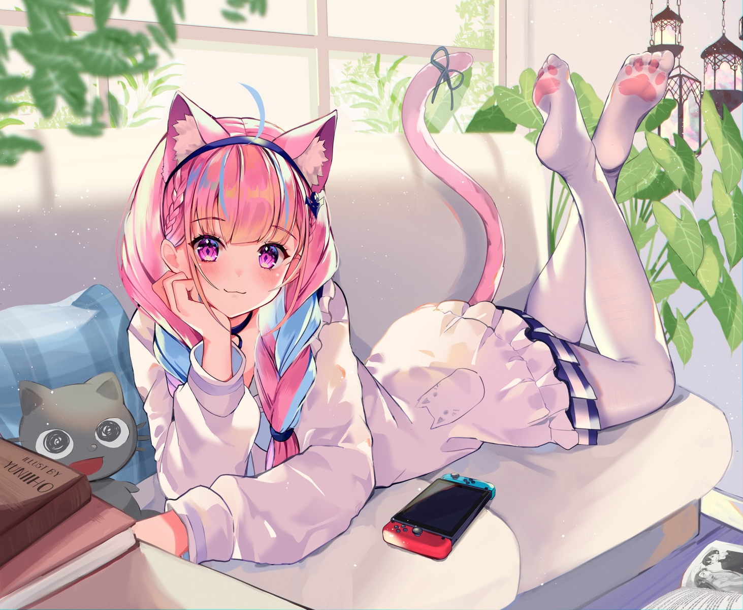 animal_ears, blush, book, braids, catgirl, choker, couch, game_console, headband, hololive, long_hair, minato_aqua, pantyhose, purple_eyes, purple_hair, tail, twintails, yuniiho