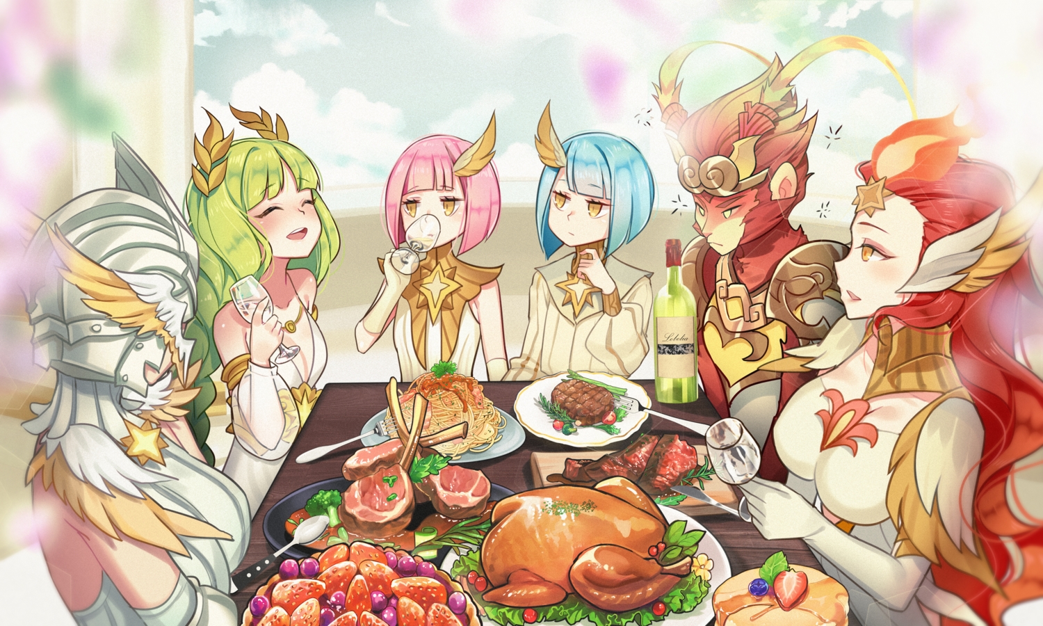 afk_arena, aqua_hair, armor, athalia_(afk_arena), braids, breasts, cake, cleavage, drink, elbow_gloves, elijah_(afk_arena), fire, flat_chest, flora_(afk_arena), food, fruit, gloves, goyain, green_hair, group, lailah_(afk_arena), long_hair, male, pink_hair, ponytail, red_hair, short_hair, strawberry, talene_(afk_arena), wu_kong_(afk_arena), yellow_eyes
