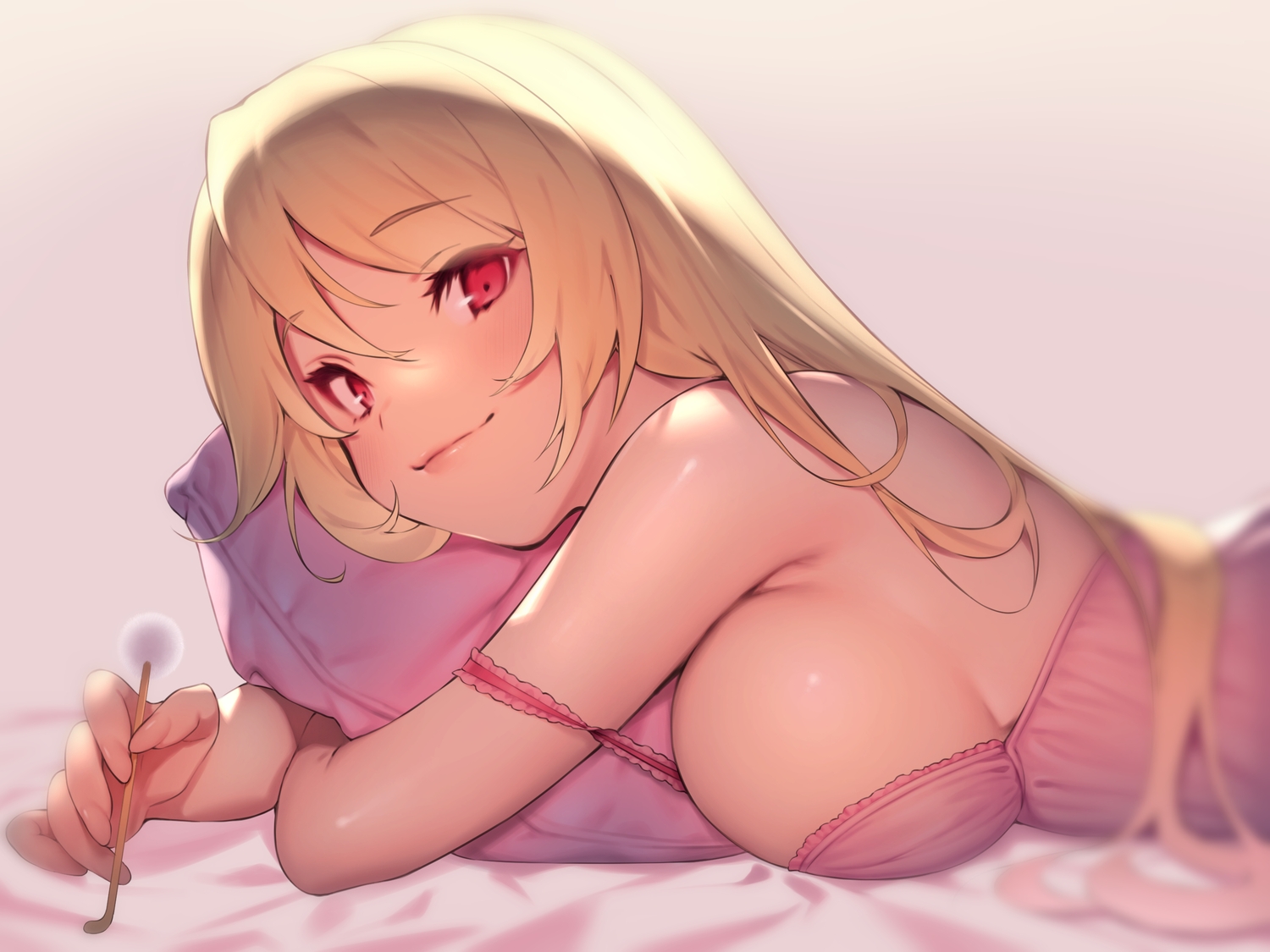 anthropomorphism, azur_lane, bed, blonde_hair, blush, breasts, close, long_hair, nelson_(azur_lane), no_bra, pokachu, red_eyes, sideboob