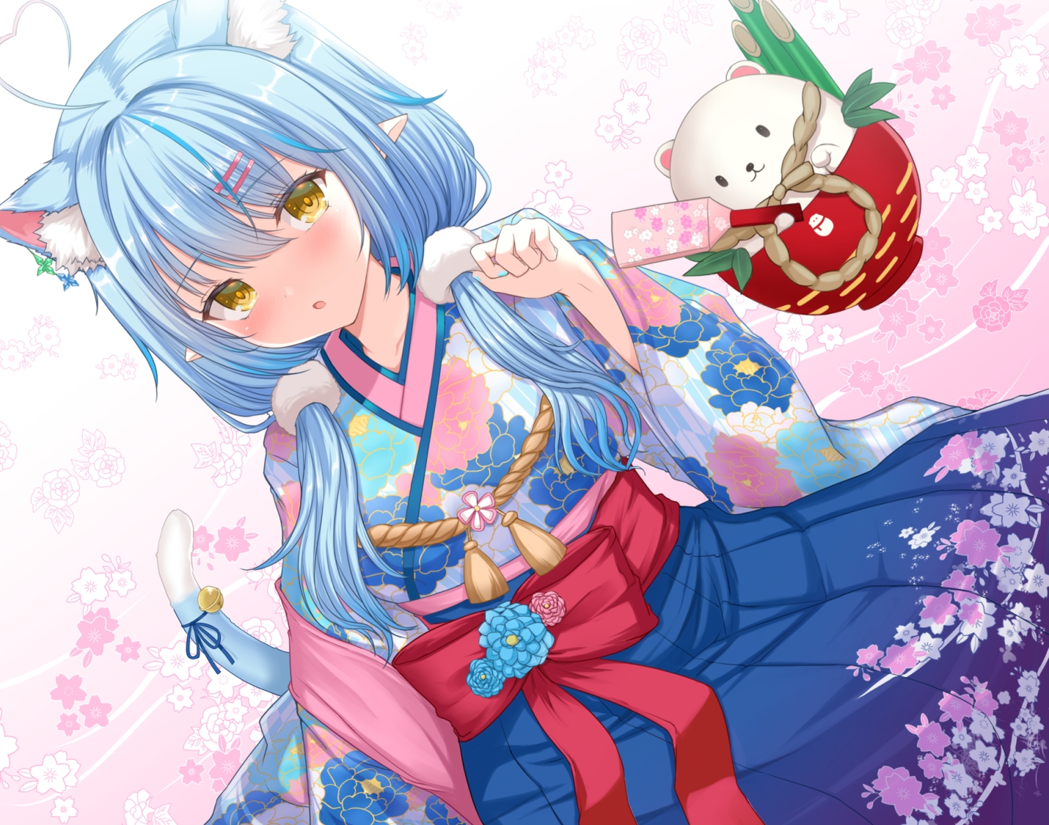 akino_hamo, animal_ears, blue_hair, blush, catgirl, hololive, japanese_clothes, kimono, long_hair, pointed_ears, tail, twintails, yellow_eyes, yukihana_lamy