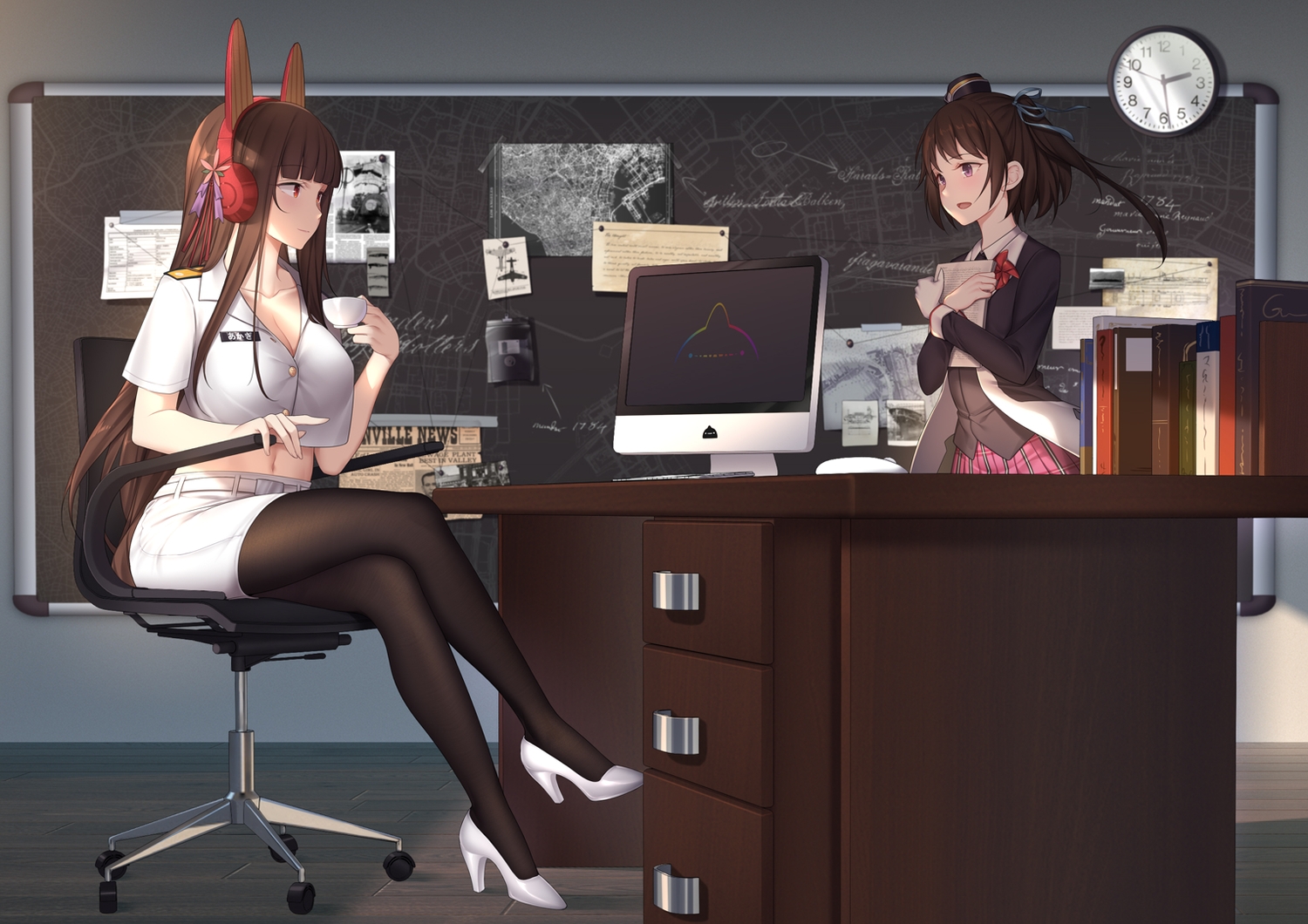 2girls, akagi_(zhanjian_shaonu), anthropomorphism, book, brown_hair, computer, hat, headphones