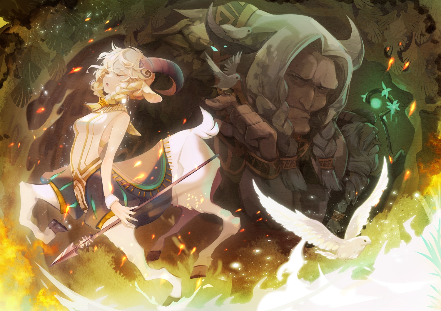 afk_arena, animal, animal_ears, bird, blonde_hair, dollyly21, horns, male, nemora_(afk_arena), spear, tagme_(character), tears, weapon, white_hair