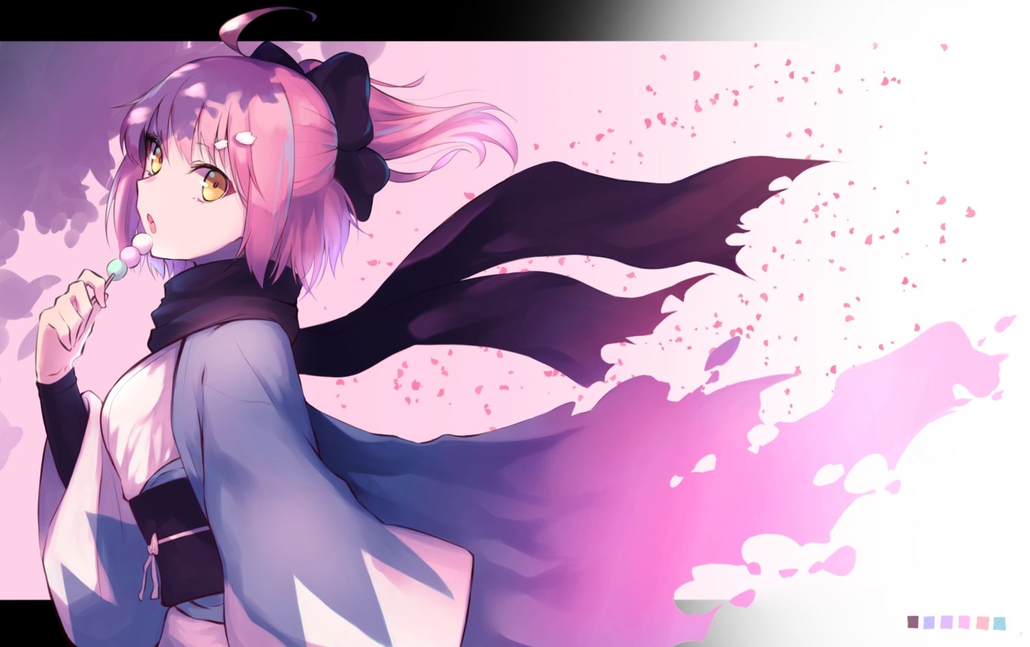 bow, fate/grand_order, fate_(series), food, goma0616, japanese_clothes, okita_souji_(fate), pink_hair, scarf, yellow_eyes