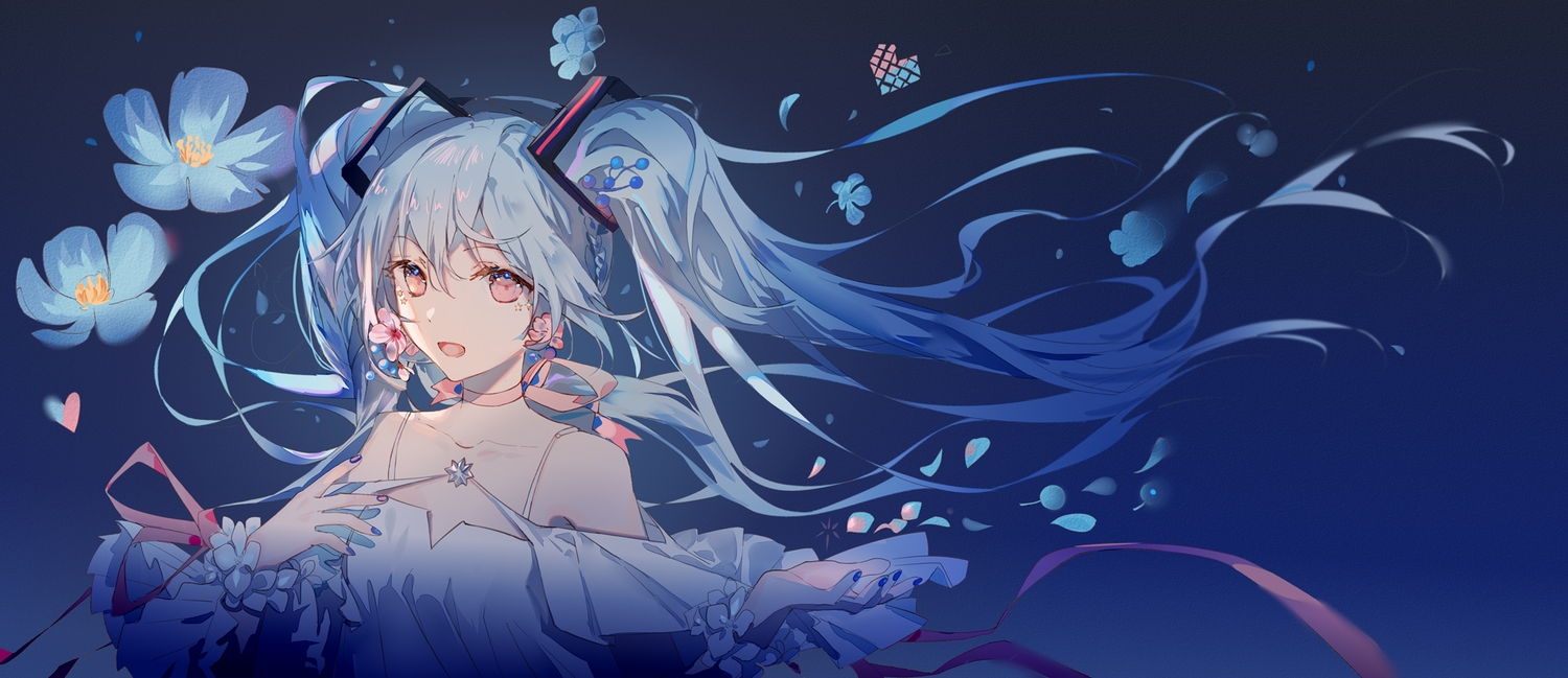 aqua_hair, choker, flowers, fre, hatsune_miku, long_hair, petals, pink_eyes, ribbons, twintails, vocaloid