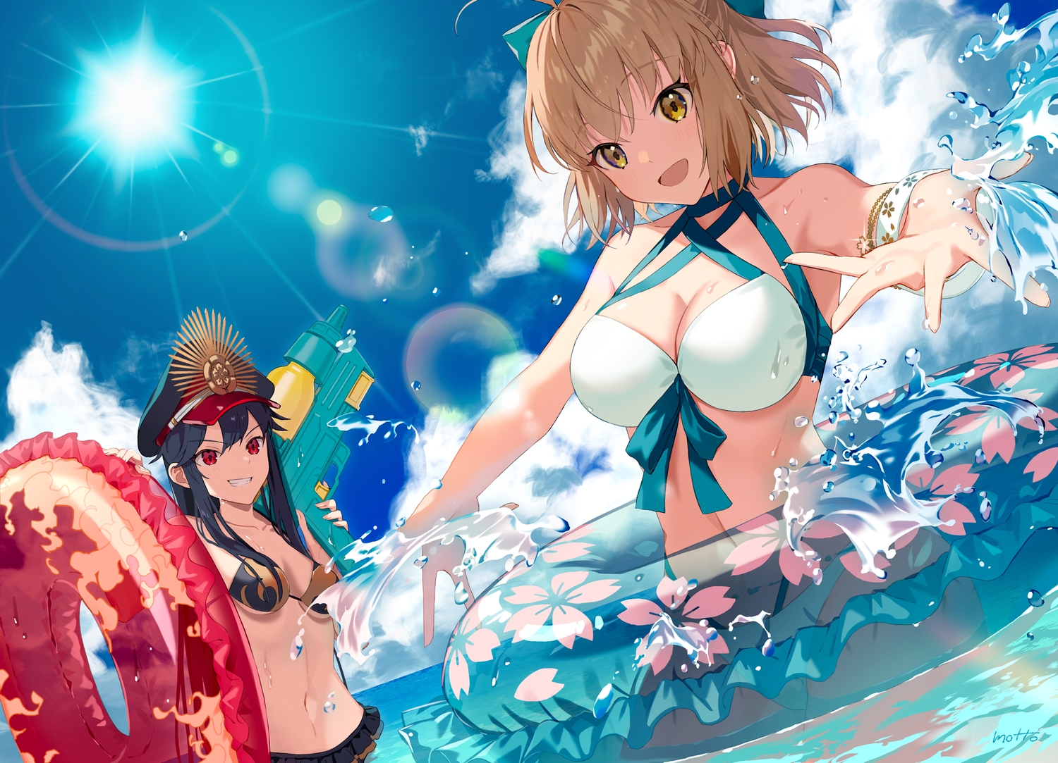 2girls, black_hair, blush, bow, brown_hair, clouds, fate/grand_order, fate_(series)
