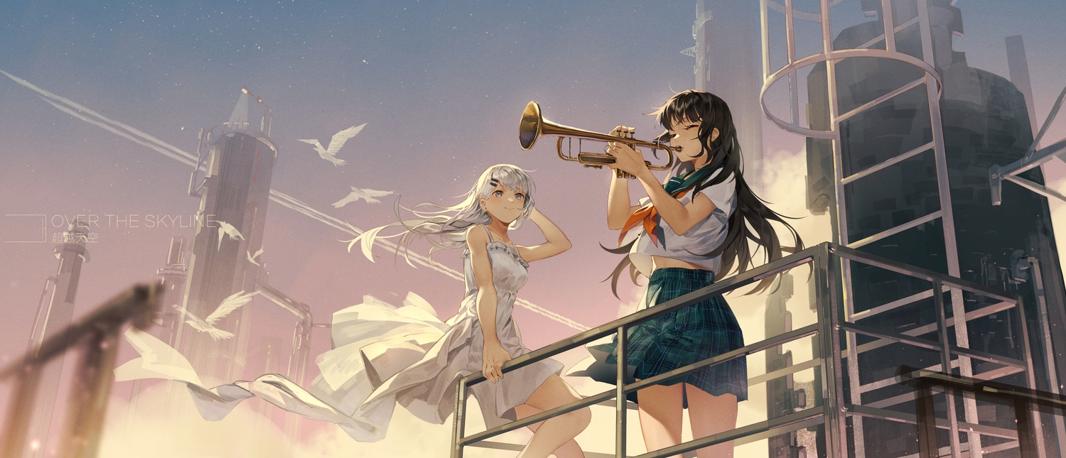 2girls, animal, bird, black_hair, building, dress, gray_hair, instrument