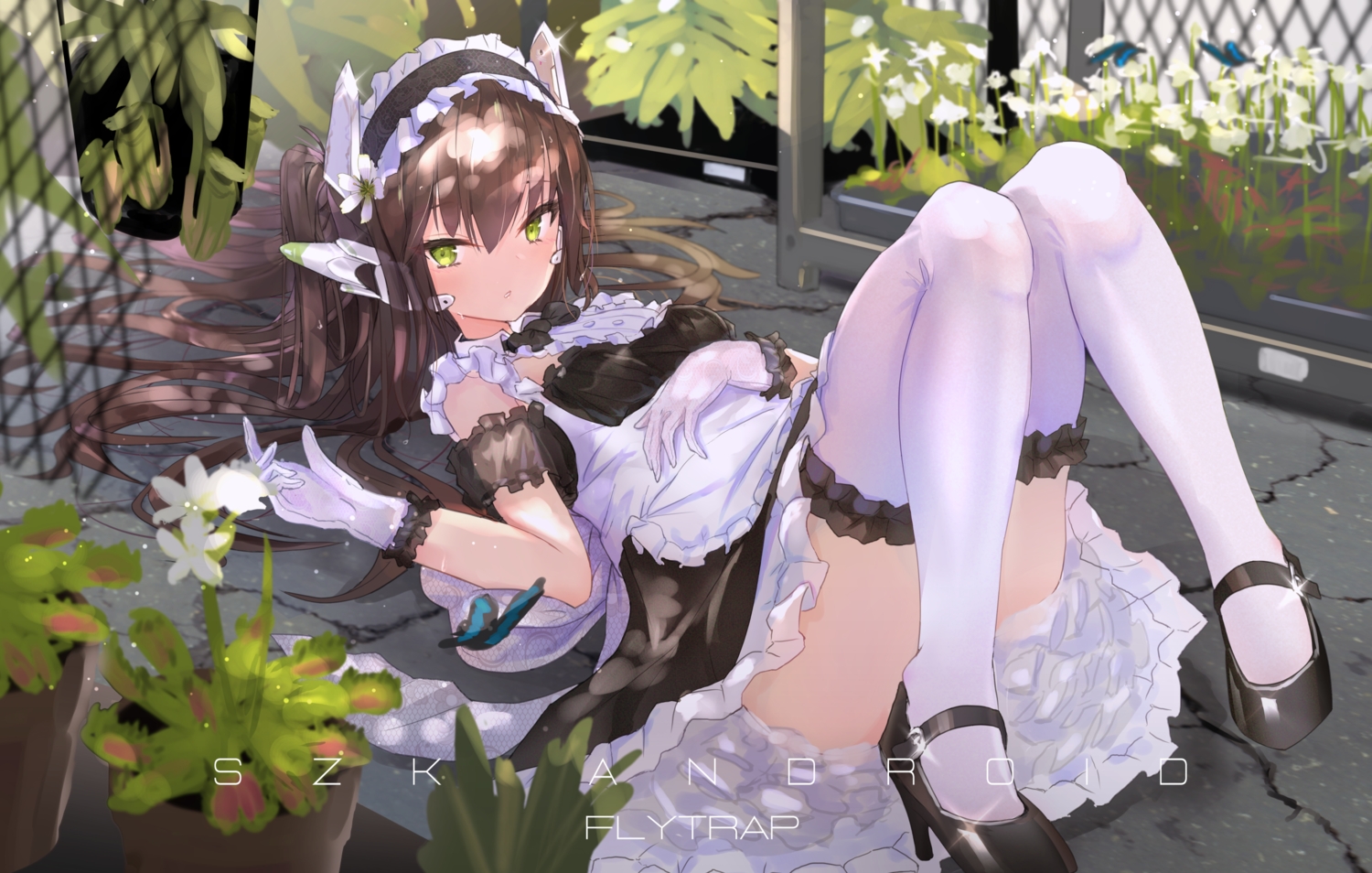 brown_hair, flowers, gloves, green_eyes, headband, long_hair, maid, msz0062zeta2, original, thighhighs