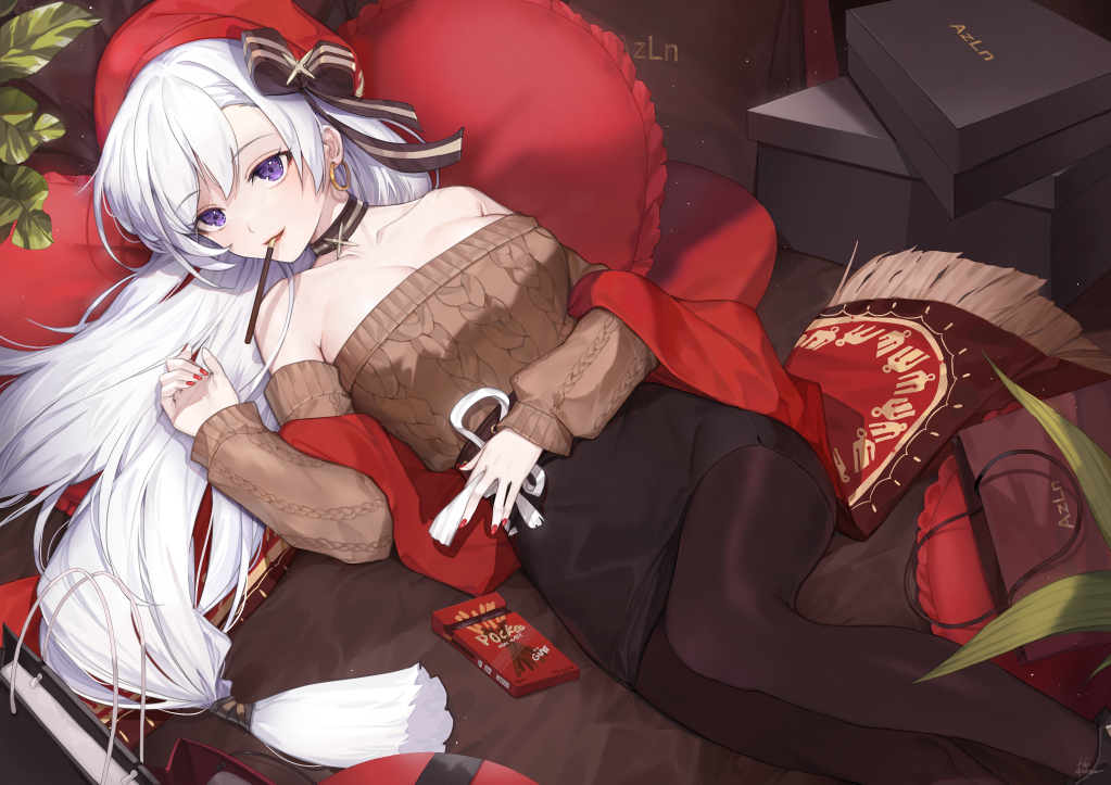 aliasing, anthropomorphism, azur_lane, belfast_(azur_lane), breasts, cleavage, food, hat