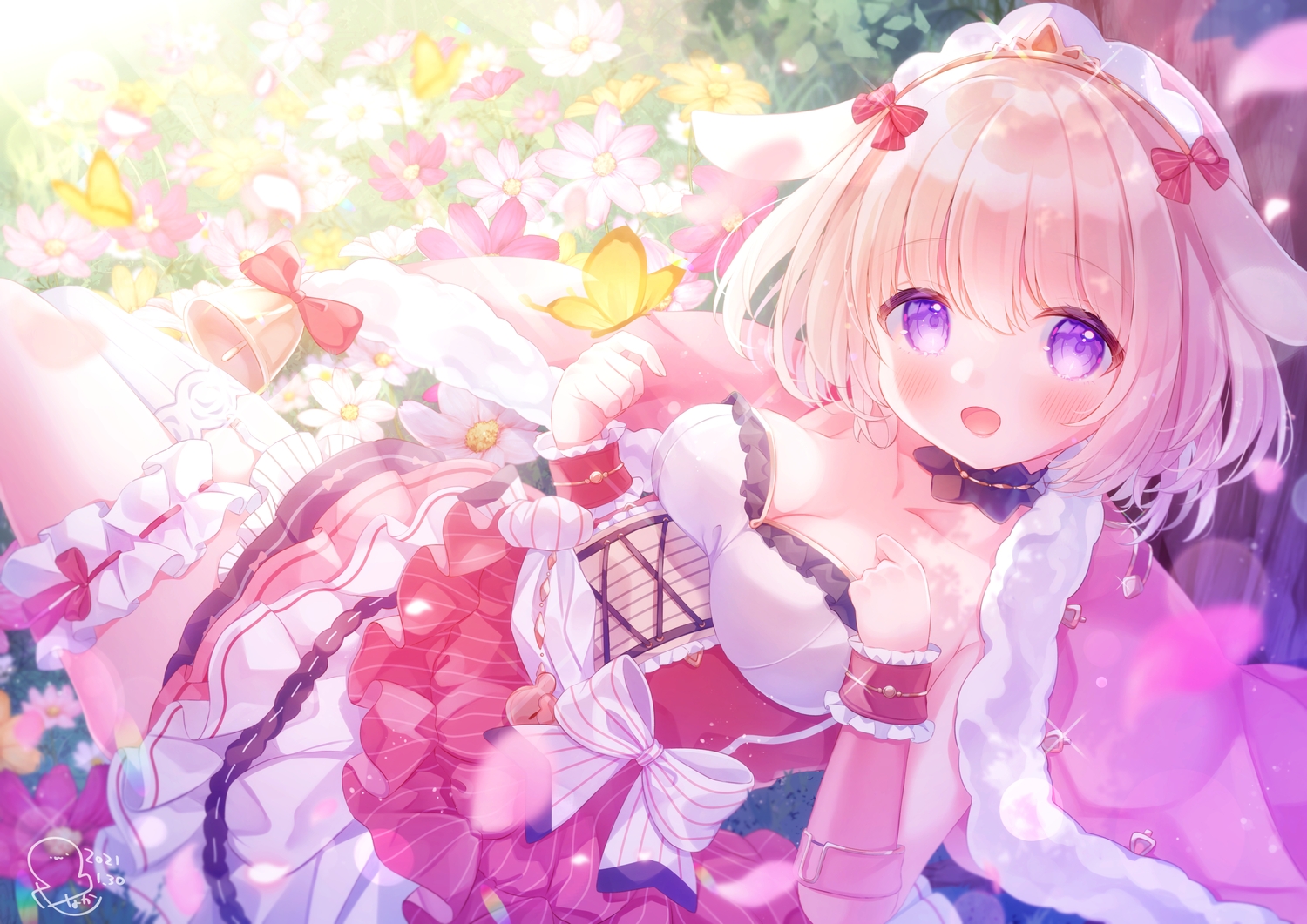 animal_ears, blonde_hair, bow, breast_hold, breasts, bunny_ears, bunnygirl, butterfly