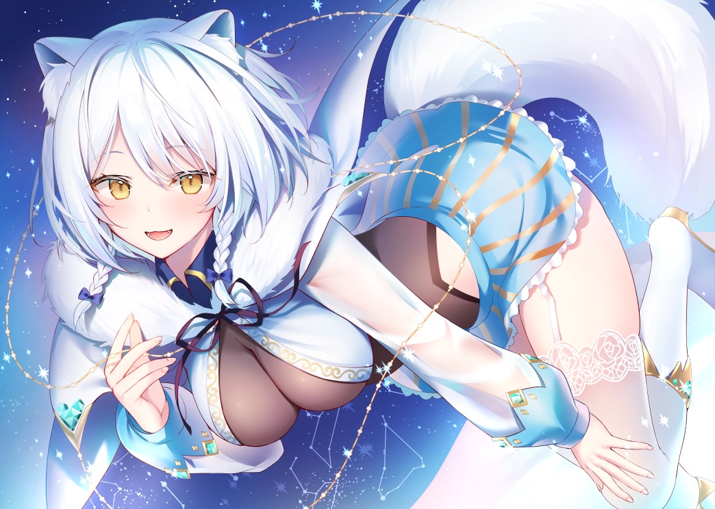 animal_ears, boots, braids, breasts, cape, cat_smile, fang, foxgirl