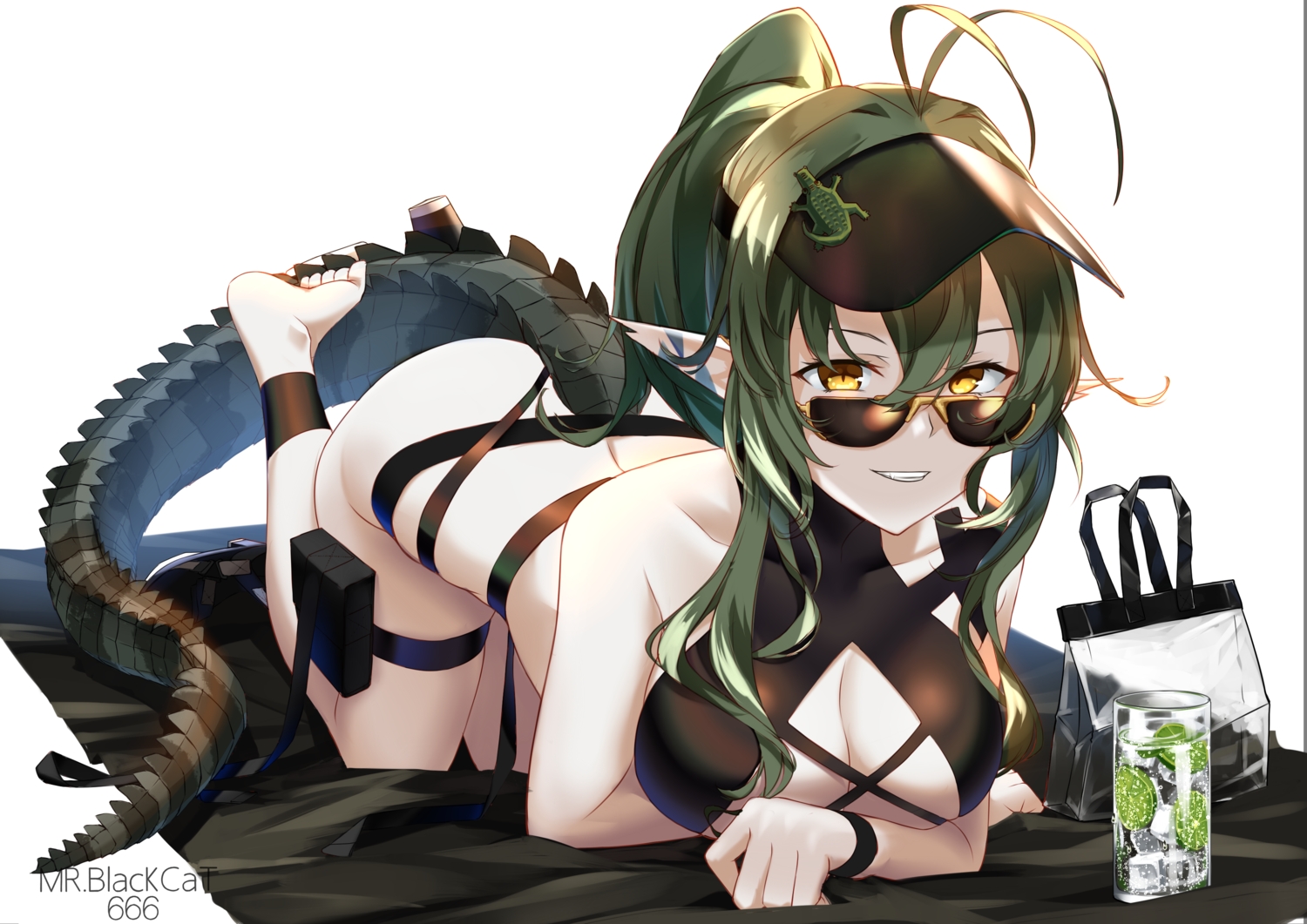 arknights, barefoot, bikini, breasts, cleavage, drink, gavial_(arknights), green_hair