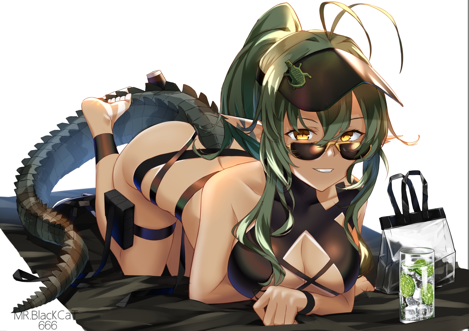 arknights, barefoot, bikini, breasts, cleavage, dark_skin, drink, gavial_(arknights), green_hair, long_hair, mr_blackcat, pointed_ears, ponytail, sunglasses, swimsuit, tail, tan_lines, watermark, white, yellow_eyes