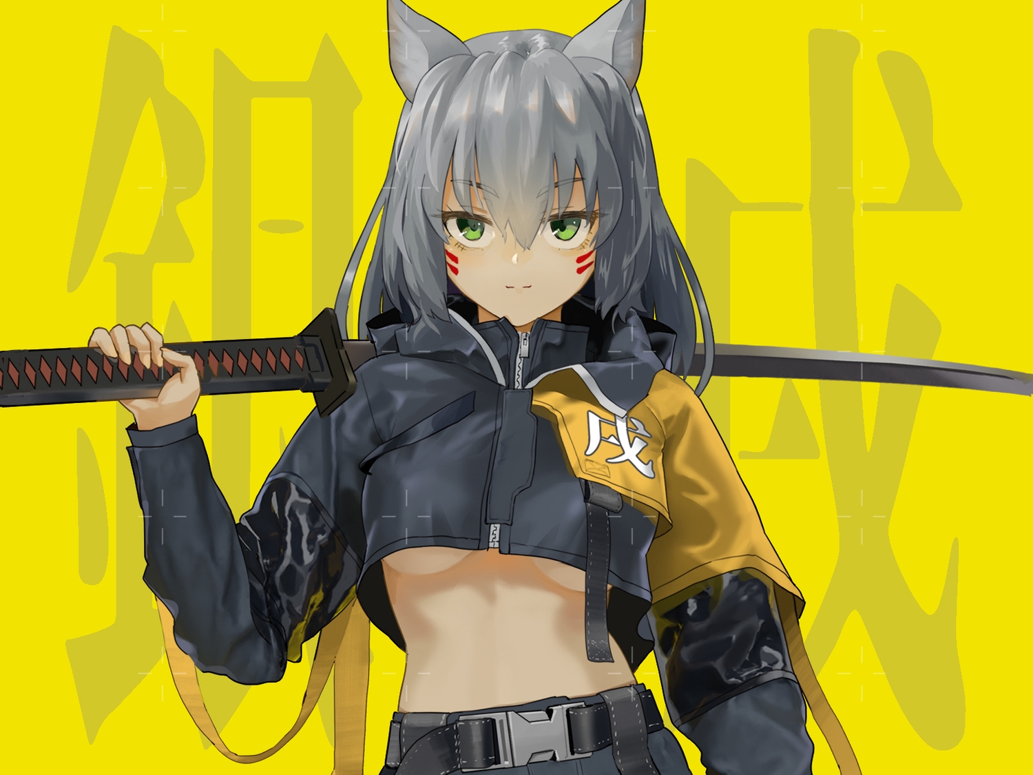 animal_ears, autism_wanderer, breasts, catgirl, gray_hair, green_eyes, katana, no_bra, original, ribbons, short_hair, sword, underboob, weapon, yellow