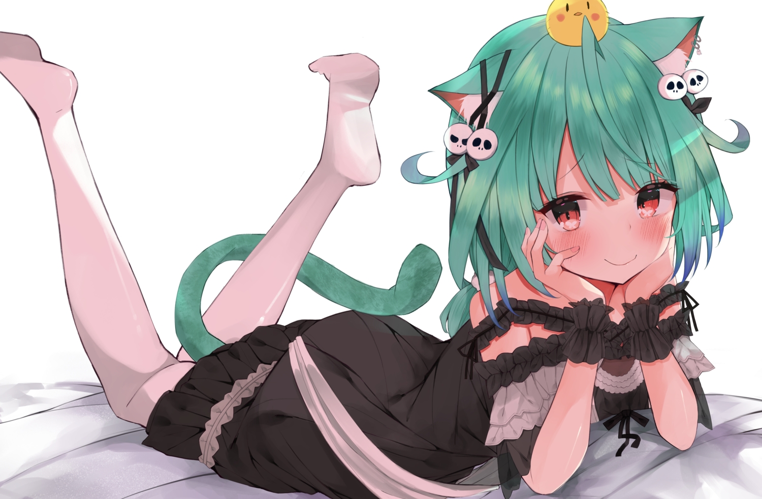 animal_ears, blush, catgirl, dress, eureka_814, green_hair, hololive, red_eyes