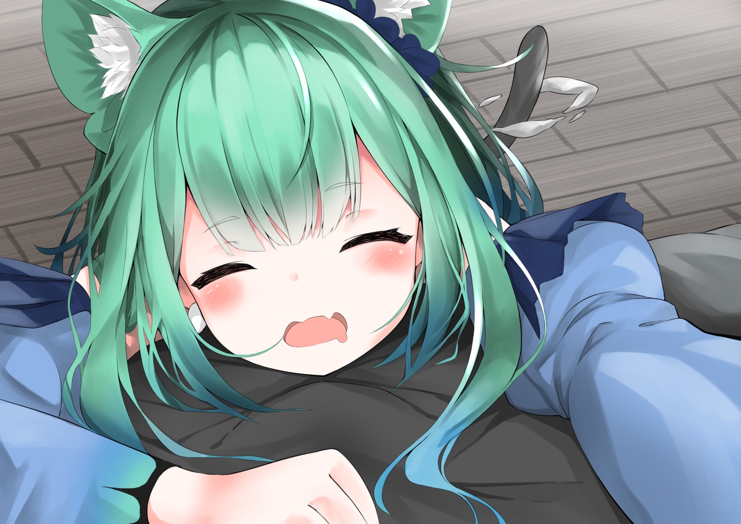 animal_ears, blush, catgirl, close, cure_nashi, green_hair, hololive, short_hair, tail, uruha_rushia