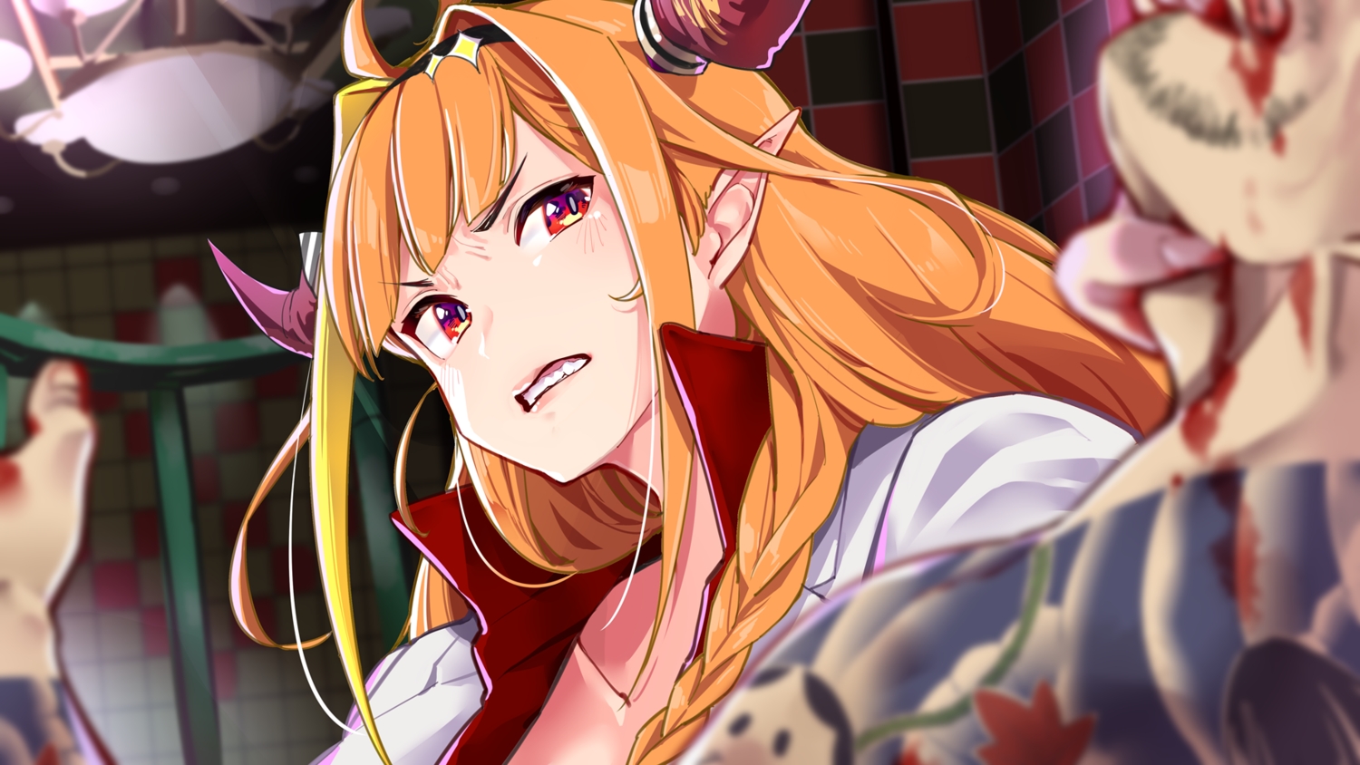blood, blush, close, cosplay, hololive, horns, kiryuu_coco, long_hair, orange_hair, pointed_ears, red_eyes, ryuu_ga_gotoku, tattoo, yuyaiyaui