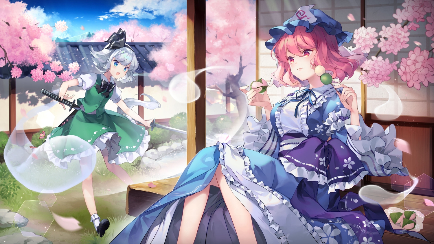 aliasing, blue_eyes, bow, cherry_blossoms, clouds, dress, flowers, food