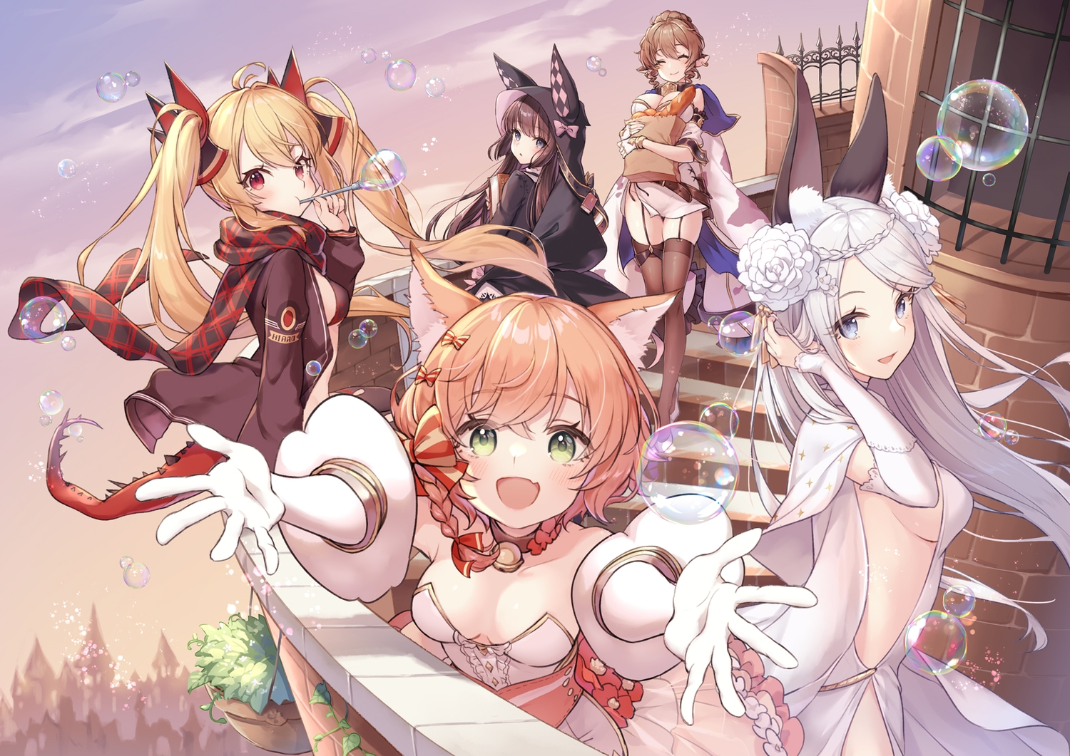animal_ears, april_(red:_pride_of_eden), blonde_hair, brown_hair, dress, fang, francesca_(red:_pride_of_eden), gray_hair