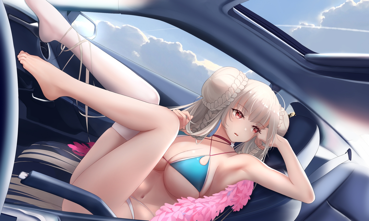 aliasing, anthropomorphism, azur_lane, bikini, car, clouds, formidable_(azur_lane), gray, long_hair, navel, red_eyes, shigatsu, sky, swimsuit, thighhighs, twintails