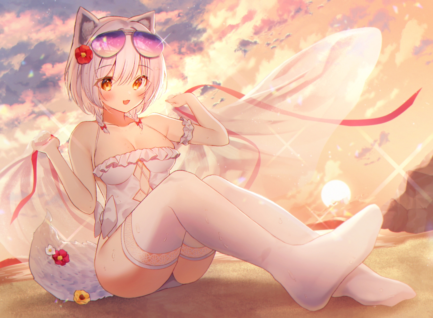 animal_ears, breasts, cat_smile, cleavage, clouds, foxgirl, gyozanuko, lavie_(red:_pride_of_eden), red:_pride_of_eden, short_hair, sky, sunglasses, sunset, swimsuit, tail, thighhighs