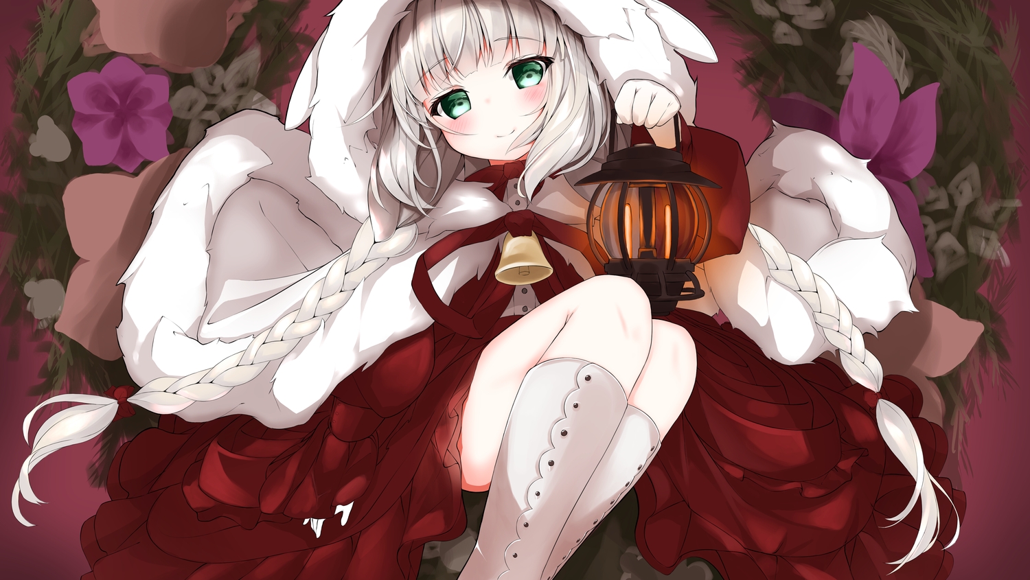 bell, blush, boots, braids, cape, cure_nashi, flowers, gray_hair, green_eyes, hood, kneehighs, .live, lolita_fashion, long_hair, merry_milk, ribbons, twintails
