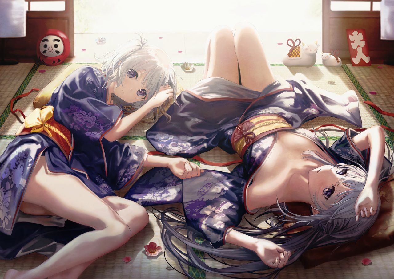 2girls, ai_(re:lief), gray_hair, japanese_clothes, kurono_mitsuki, long_hair, no_bra, rask, re:lief_~shin'ai_naru_anata_e~, yuu_(re:lief)