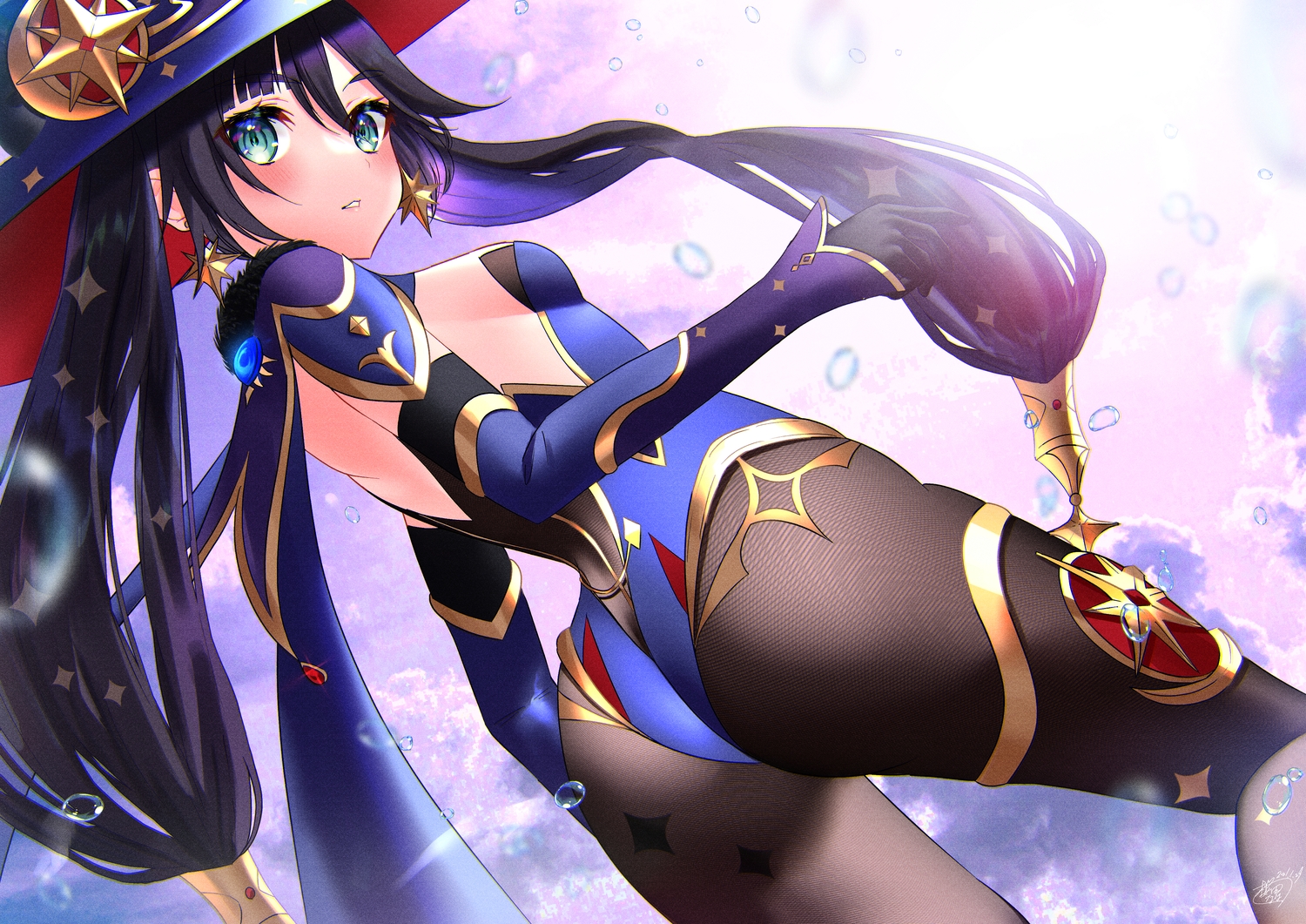 ass, blue_hair, genshin_impact, gloves, hat, long_hair, mona_megistus, pantyhose, sakurada_nana, twintails, witch_hat