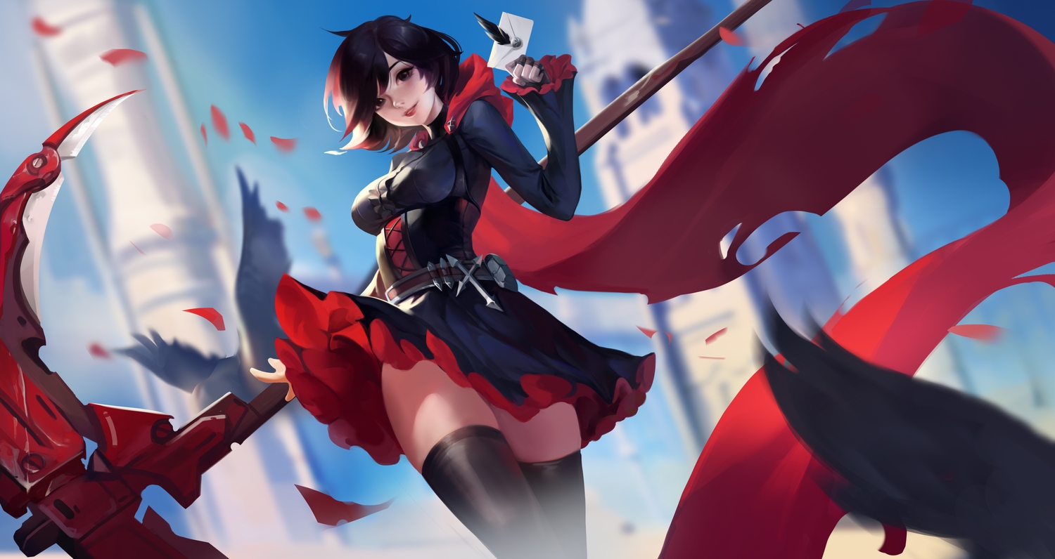 animal, bird, black_eyes, black_hair, ezi, ruby_rose, rwby, scythe