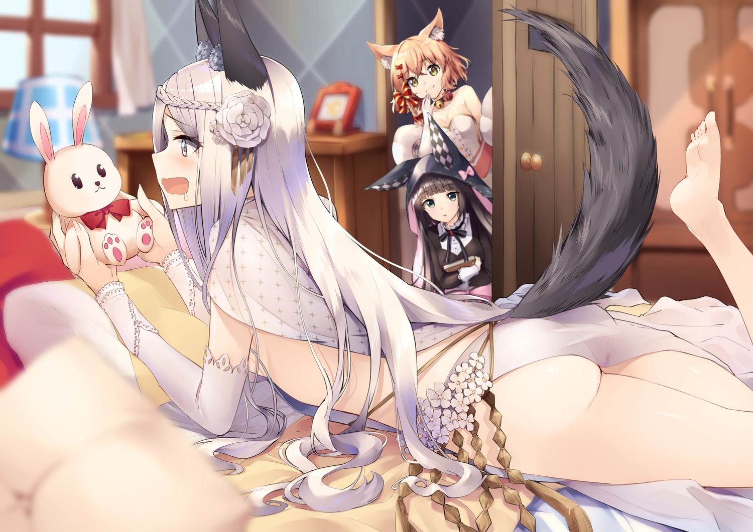 animal_ears, april_(red:_pride_of_eden), barefoot, bed, black_hair, blush, book, brown_hair, catgirl, flowers, francesca_(red:_pride_of_eden), gloves, gray_eyes, gray_hair, green_eyes, long_hair, megurumiru, olivia_(red:_pride_of_eden), red:_pride_of_eden, short_hair, tail