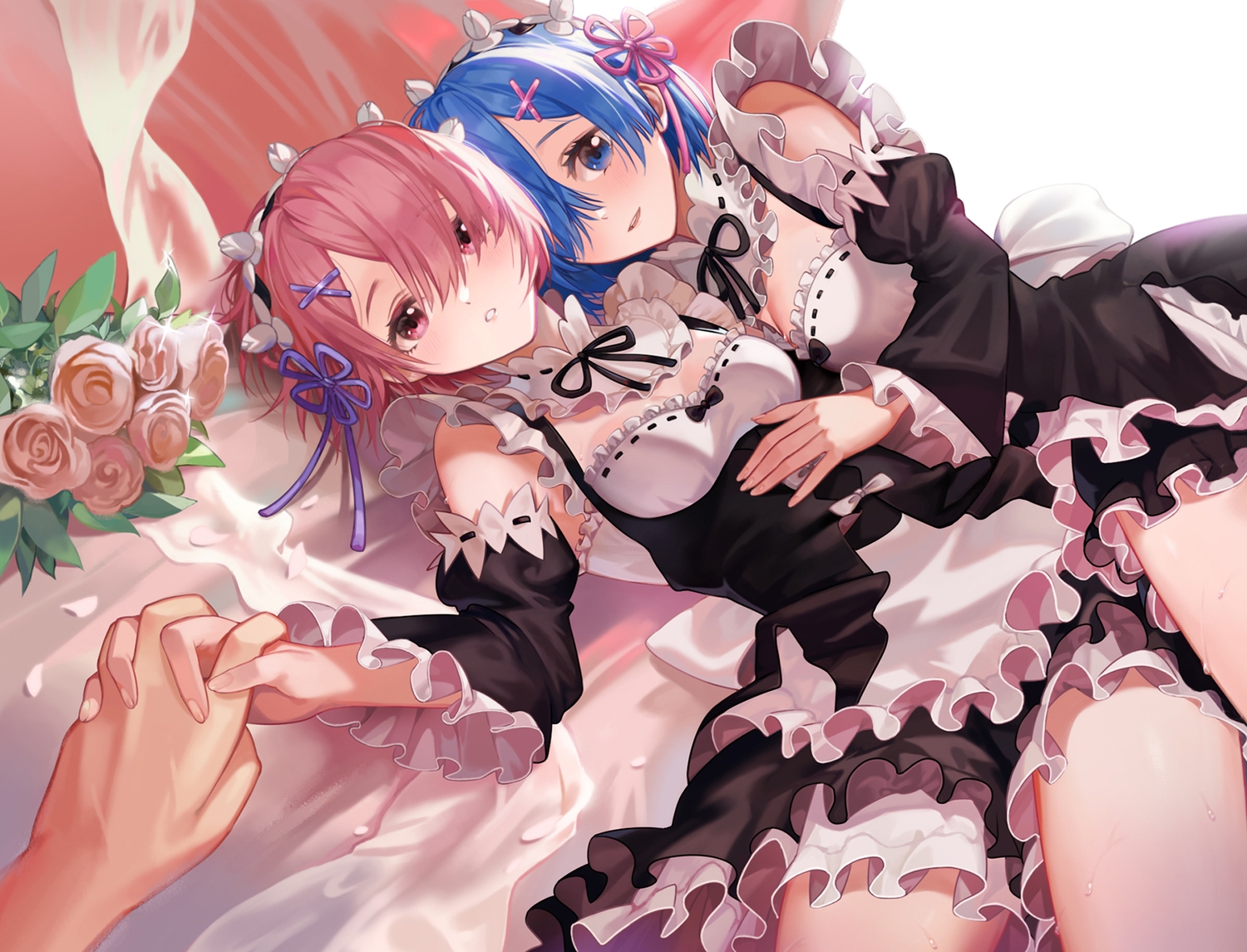 2girls, blue_eyes, blue_hair, flowers, headband, maid, peach_luo, pink_eyes, pink_hair, ram_(re:zero), rem_(re:zero), re:zero_kara_hajimeru_isekai_seikatsu, rose, short_hair, twins
