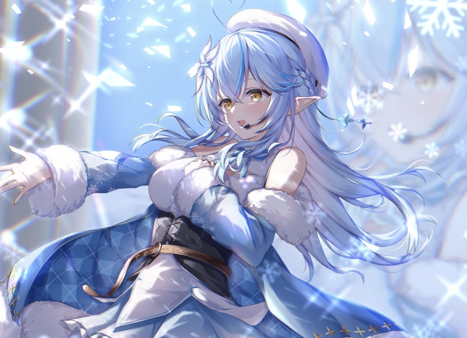 blue_hair, corset, fuchi_(0616tk), hat, hololive, long_hair, microphone, pointed_ears