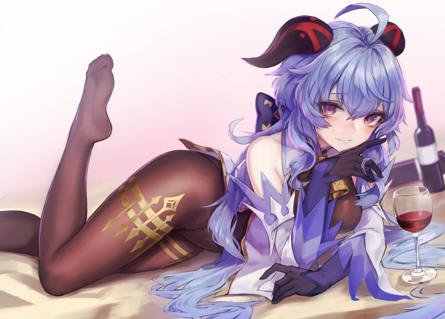 blue_hair, bodysuit, drink, ganyu_(genshin_impact), genshin_impact, gloves, horns, leotard