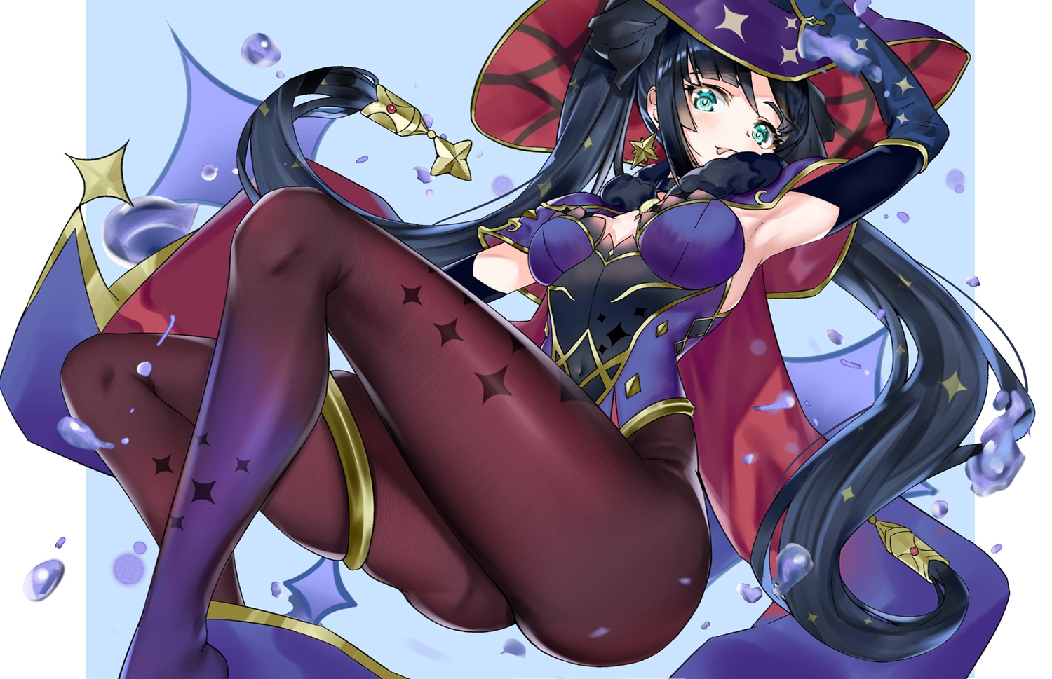 black_hair, genshin_impact, green_eyes, hat, long_hair, mona_megistus, srpzk, twintails, witch_hat