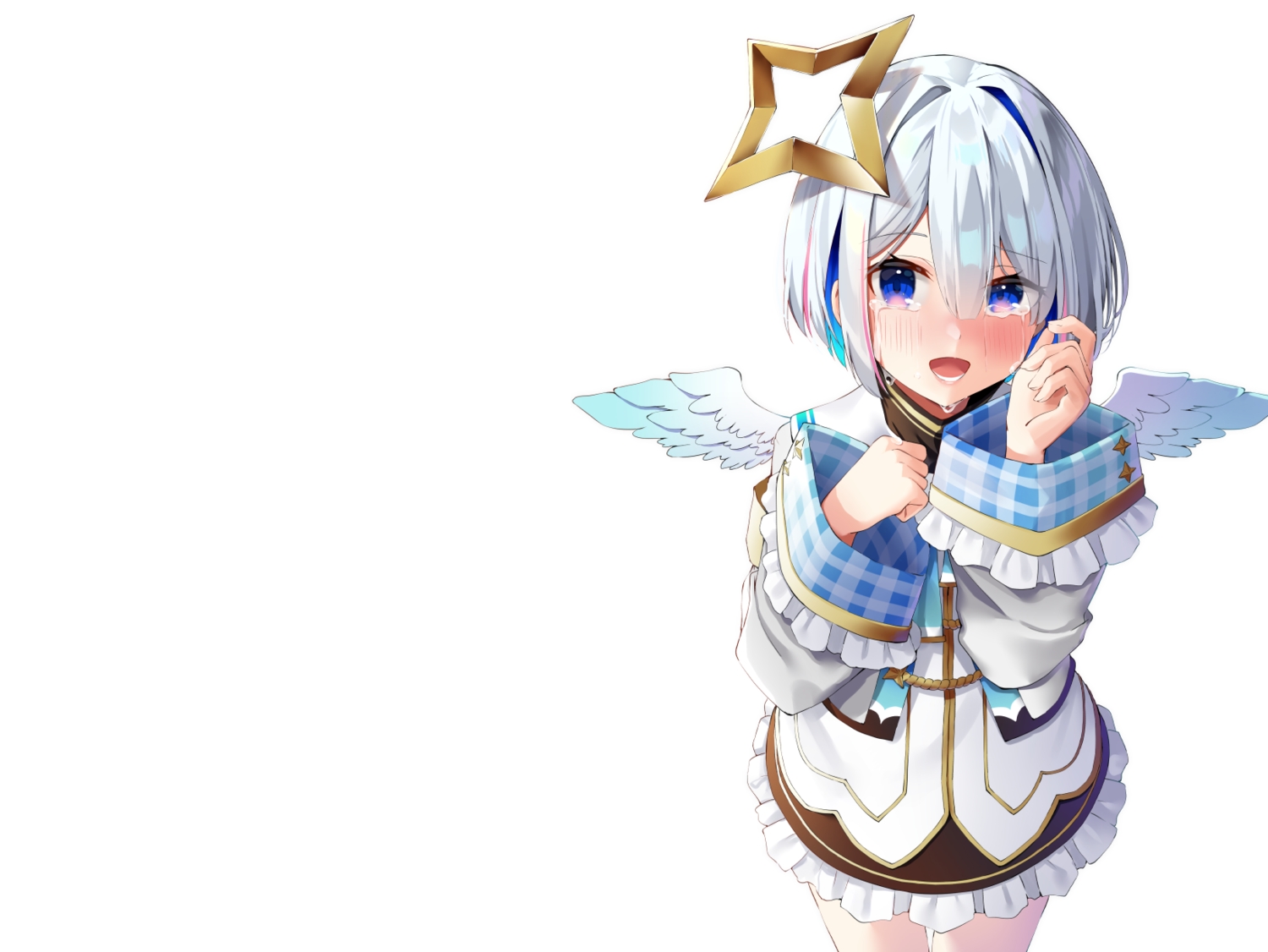 aliasing, amane_kanata, angel, blue_eyes, blush, crying, dress, gray_hair