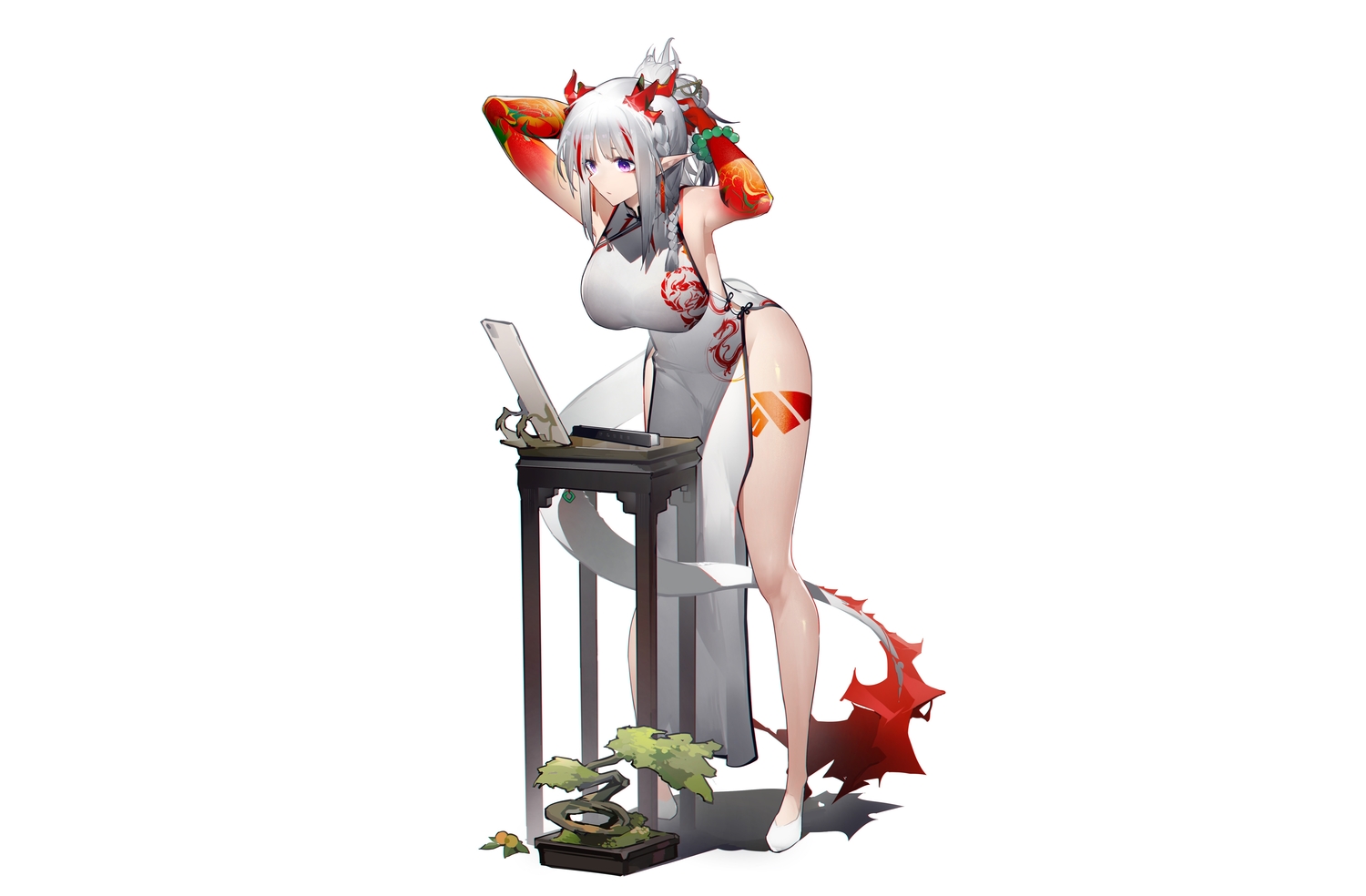 arknights, braids, breasts, chinese_clothes, chinese_dress, computer, dress, fan